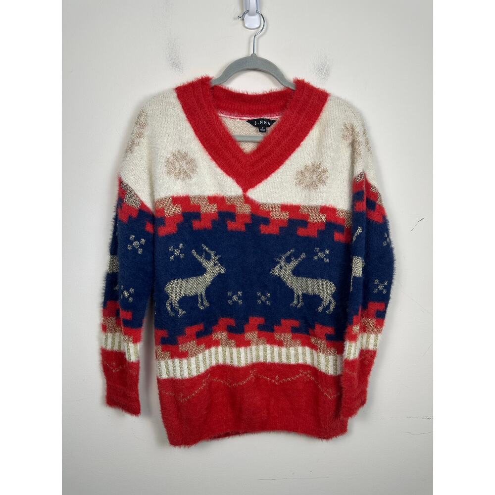 J. NNA Holiday‎ Sweater Women Small Red Reindeer Fuzzy Metallic V-Neck Excellent